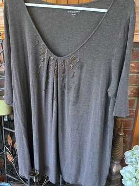Eileen Fisher Heather Brown top w/ pin tuck pleats embellished with copper beads